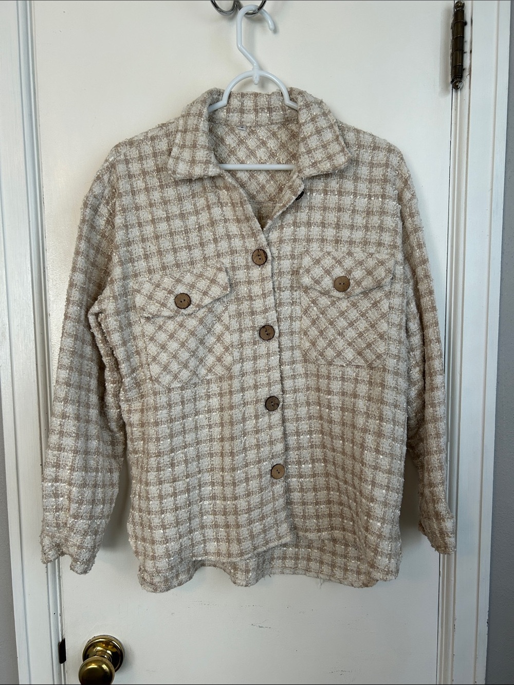 SHEIN Beige Plaid Button-Up Utility Shacket